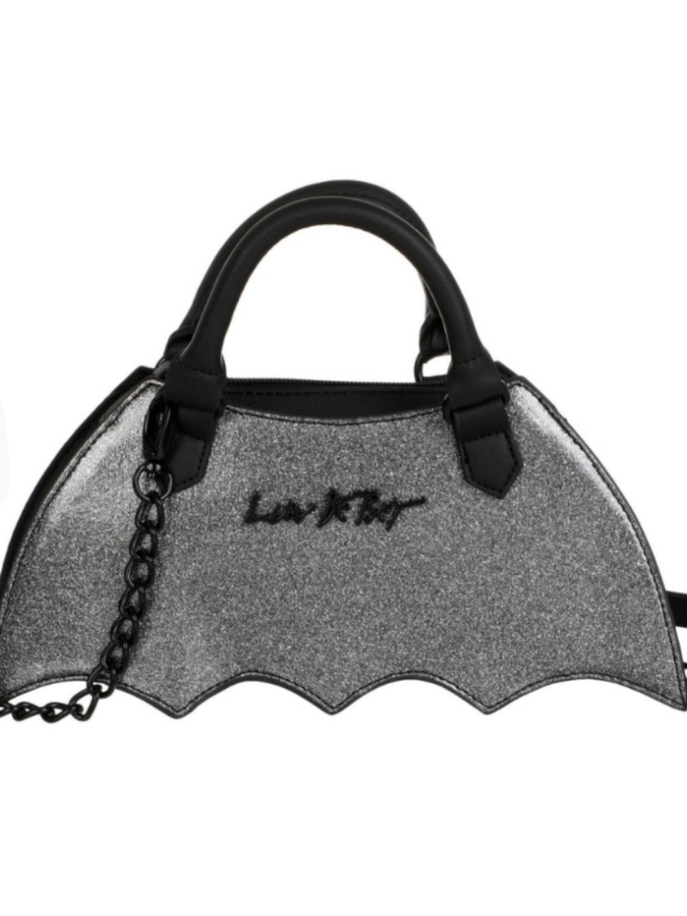 Betsey Johnson Silver Glitter Batwing Top-Handle Mini Bag with Black Trim
